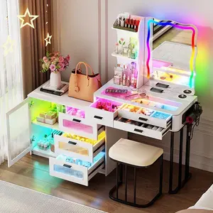 Miu Vanity Set with 24-Color RGB Lights, Wireless Charging, HD Mirror,8-Drawer Chest, Cushioned Stool & Large Storage Furniture Organizing