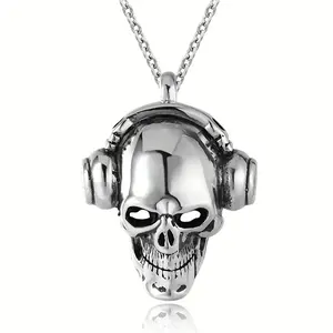 Gothic Skull Head Wearing Headphones Pendant Retro Punk Men'S Necklace Ghost Head Listening To Music Accessories Gift