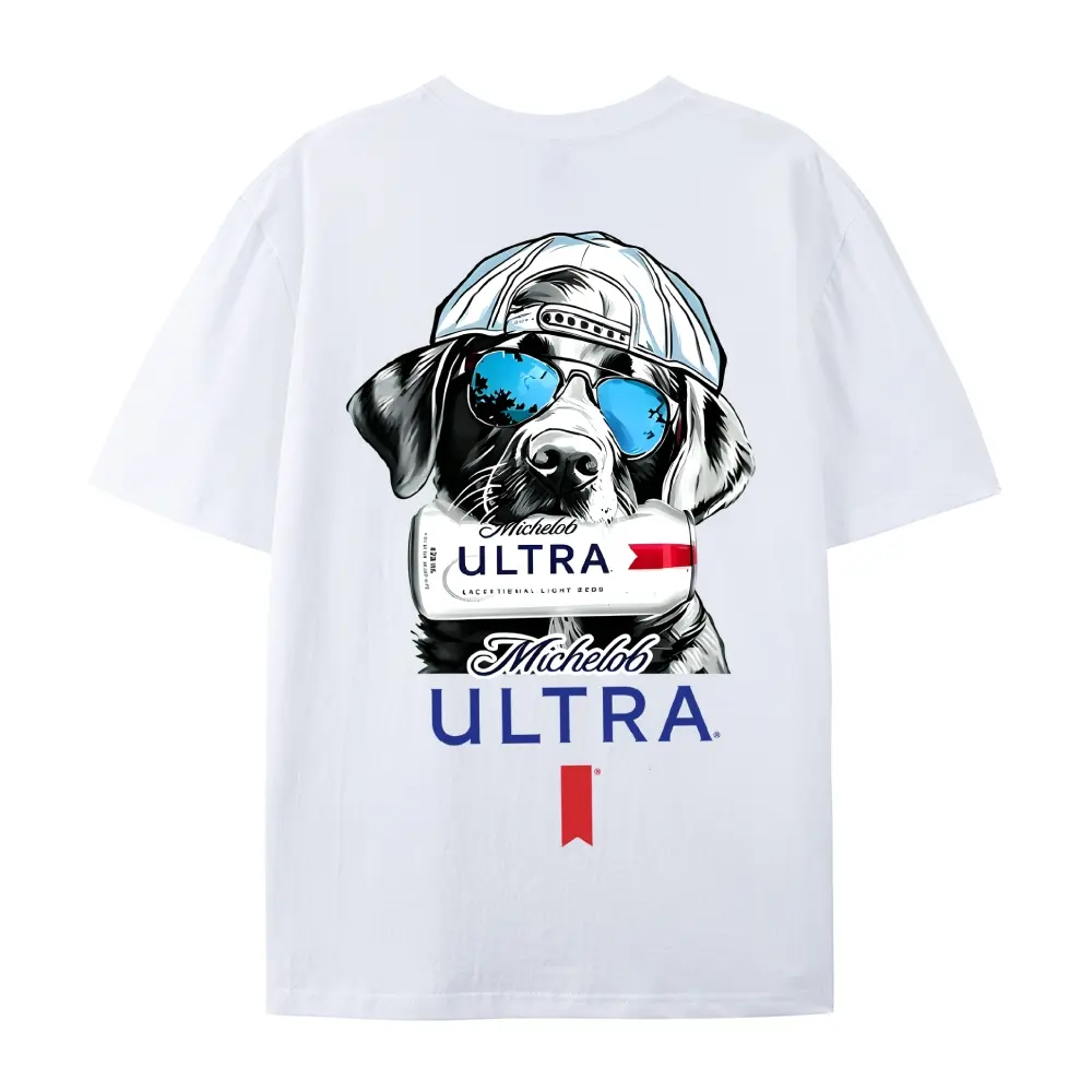Michelob Ultra Cool Dog Men's Loose Fit T-Shirt,180g Soft Cotton Short Sleeve Crewneck Tee, Casual Graphic Shirt with Sunglasses & Cap Design,Everyday Comfort Top Vintage Retro Y2k,Monaco