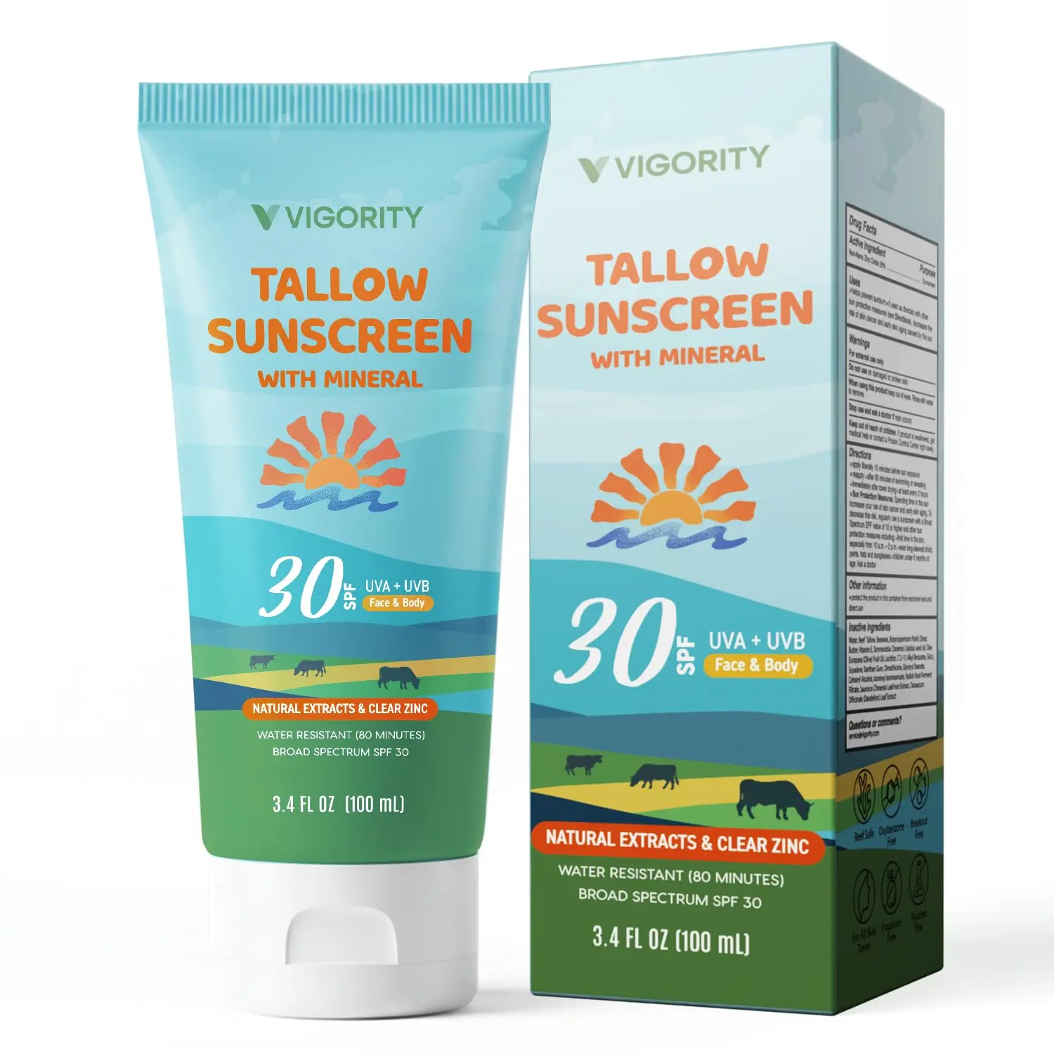 Vigority Tallow Mineral Sunscreen SPF 30 with Zinc Oxide - Daily Sunblock Cream for Face & Body, Water-Resistant & Kid Safe, 3.4 FL OZ, Body Care, All Skin Types