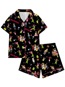 Bobs Burgers Family Cartoon Cute Burger Collar Short Sleeve Sleepwear Set, Comfortable Outer Wear, Party Style, All Seasons