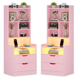 2PCS LED Tall Nightstand with Bookshelf Charging Station Pink Stylish Bedside Table