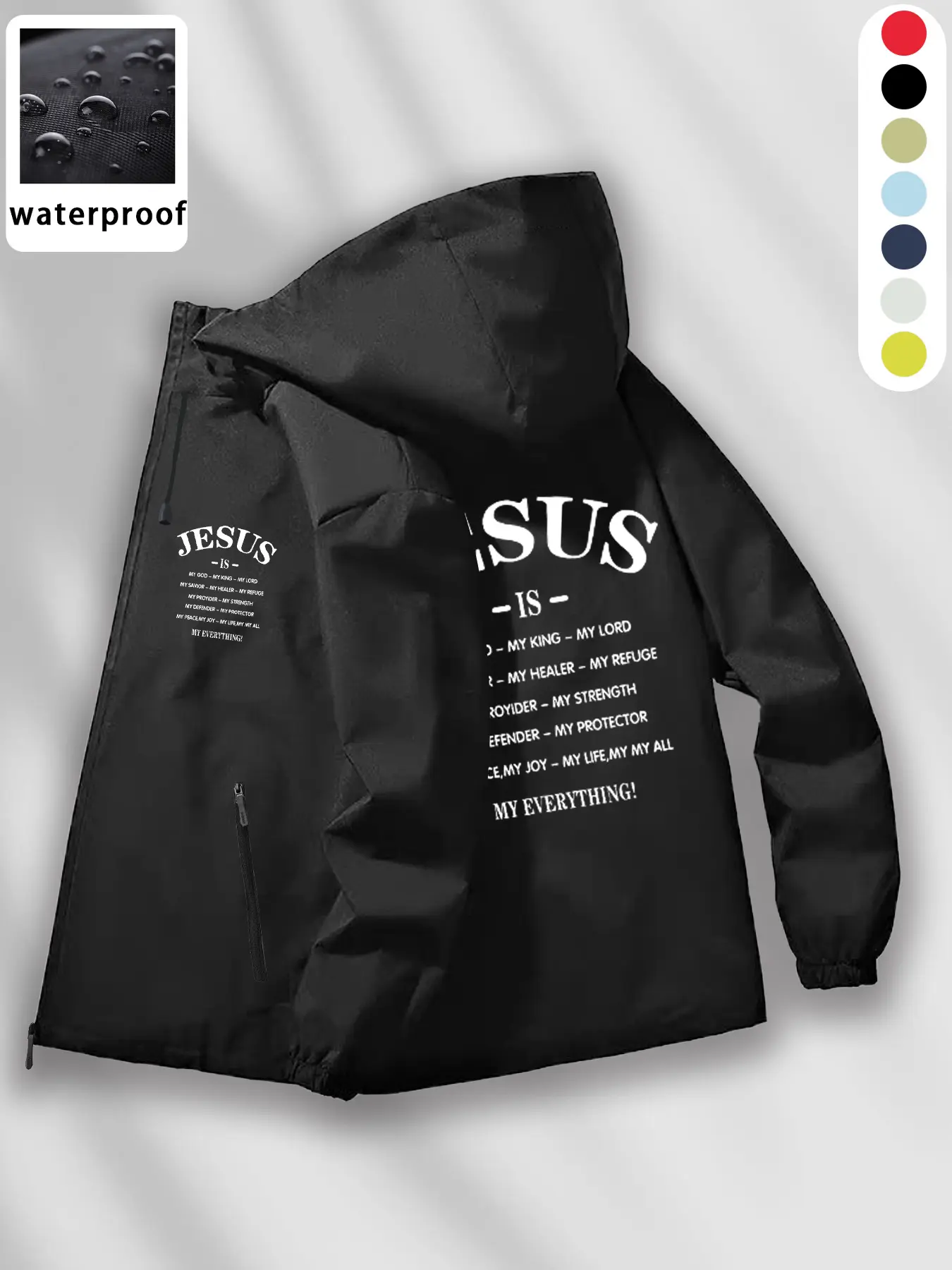 Waterproof Jesus Streetwear Windbreaker Casual Jacket Coat | Lightweight Hooded Outdoor Techwear | Minimalist "JESUS" Letter Print Unisex Outerwear | Windproof Spiritual Faith Apparel for Daily Wear | Casual Fashion Jacket Streetwear Jackets