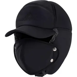 Men Trapper Hat Thermal Faux Fur Lined, Trooper Aviator Hat, Winter Windproof Hat Ear Flaps Removable Warm Mask, 3 1 Black