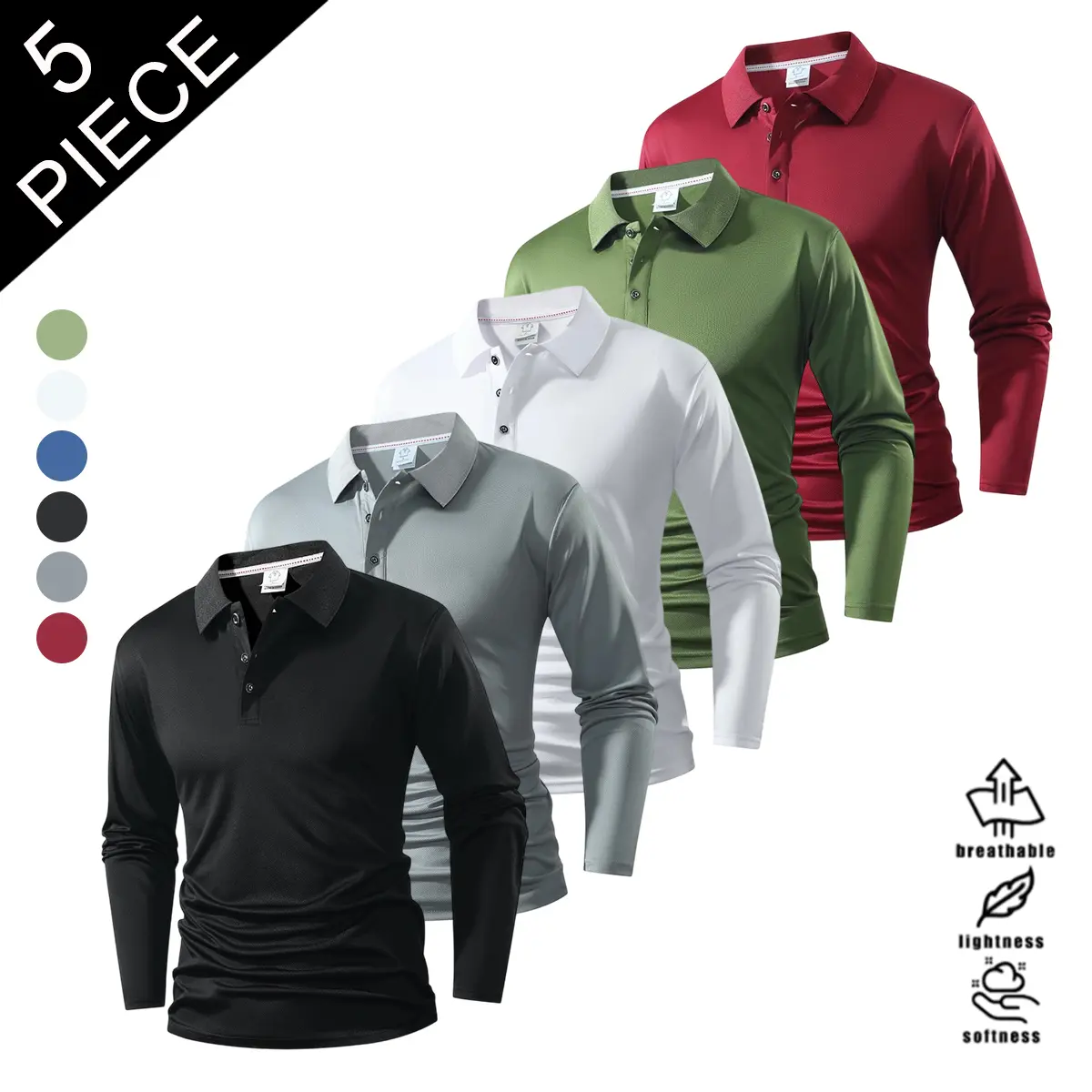 Men’s 5-Pack Essential Menswear Long-Sleeve Crew Neck Tshirt - Lightweight, Breathable, Soft, Wrinkle-Free Polyester Business Shirt for Business Casual, Work