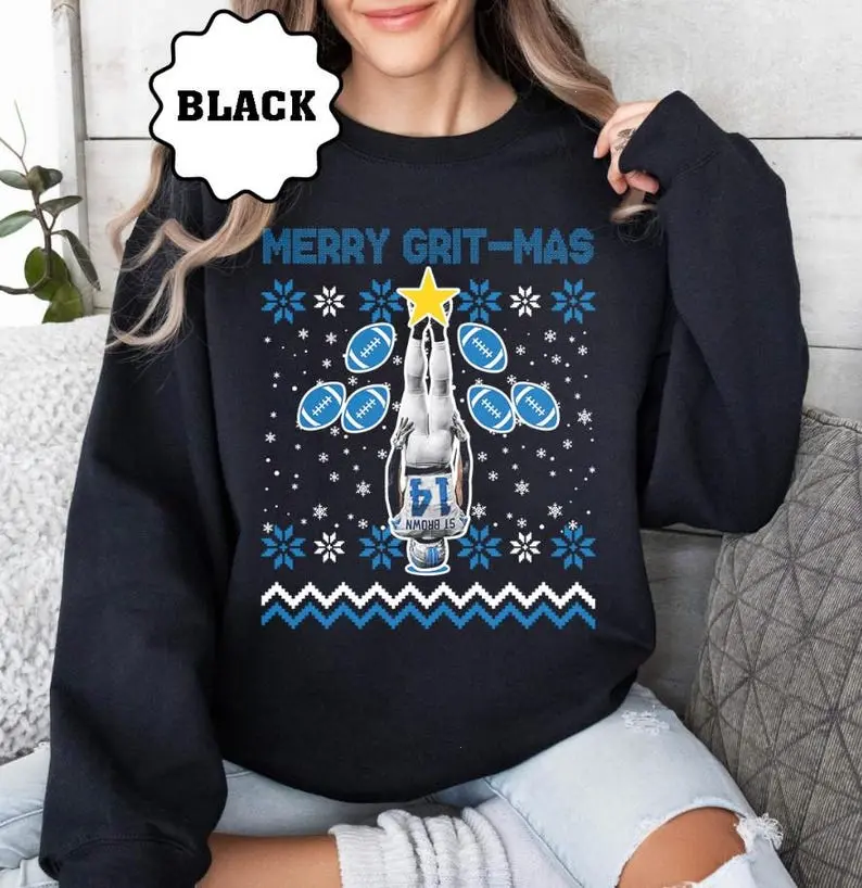 Amon-Ra St Brown Funny Merry Grit-Mas Sweatshirt, Detroit Football Ugly Pattern Retro Hoodie