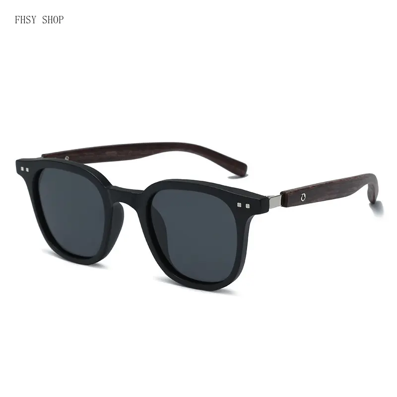 FHSY SHOP Men's Semi-Rimless Polarized UV-Protection Lens Sunglasses - Alloy Accents, Wooden Temples, Vintage Black Frame, Lightweight Fashion Eyewear for Driving, Daily Wear, Men's Sunglasses