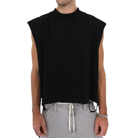 Men's Cropped (Distressed) Muscle Shirt - Sleeveless Shirt for Men Menswear Cotton Plain Crewneck