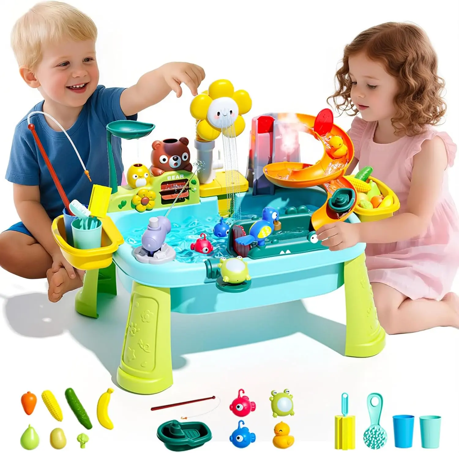 Upgraded Toddler Sand Water Table Toy with Electric Water Pump, Kids Sand Water with Faucet/Play Food Accessories/Fishing Toy, Kitchen Play Sink Toys for Girl Boy Age 3+