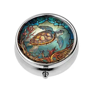 Round Shaped Beautiful Sea Turtle Pattern Pill Box, Portable 3-grids Mini Storage Box, Home Organizer for Living Room Bedroom Bathroom, Vitamin Organizer