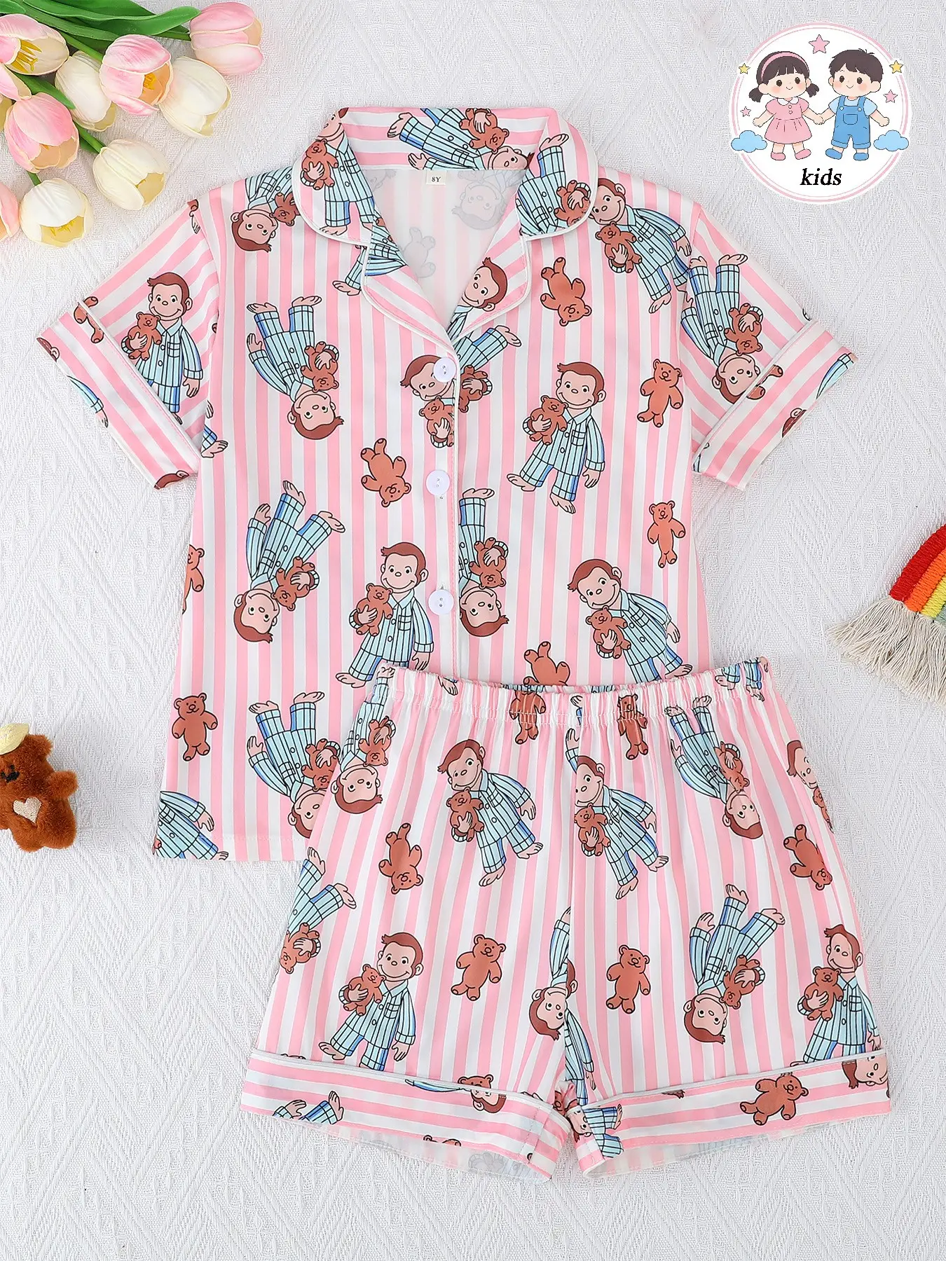 Girls' Summer Casual Striped Monkey Pattern Sleepwear Set, Short Sleeve Button-Front Top & Shorts, All-Season Wear, Cartoon Print Pajama, Pajama Sets, Summer Pjs