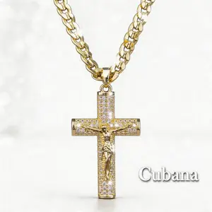 Jesus Cross Necklace for Men Gold Crystal Pendant Necklace Gold Rhinestone Cuban Cross Necklace God Redemption Charm Necklace,Layered Dainty Crucifix Pendant Necklace Chain Religion Costume Jewelry Accessoriessummerwins