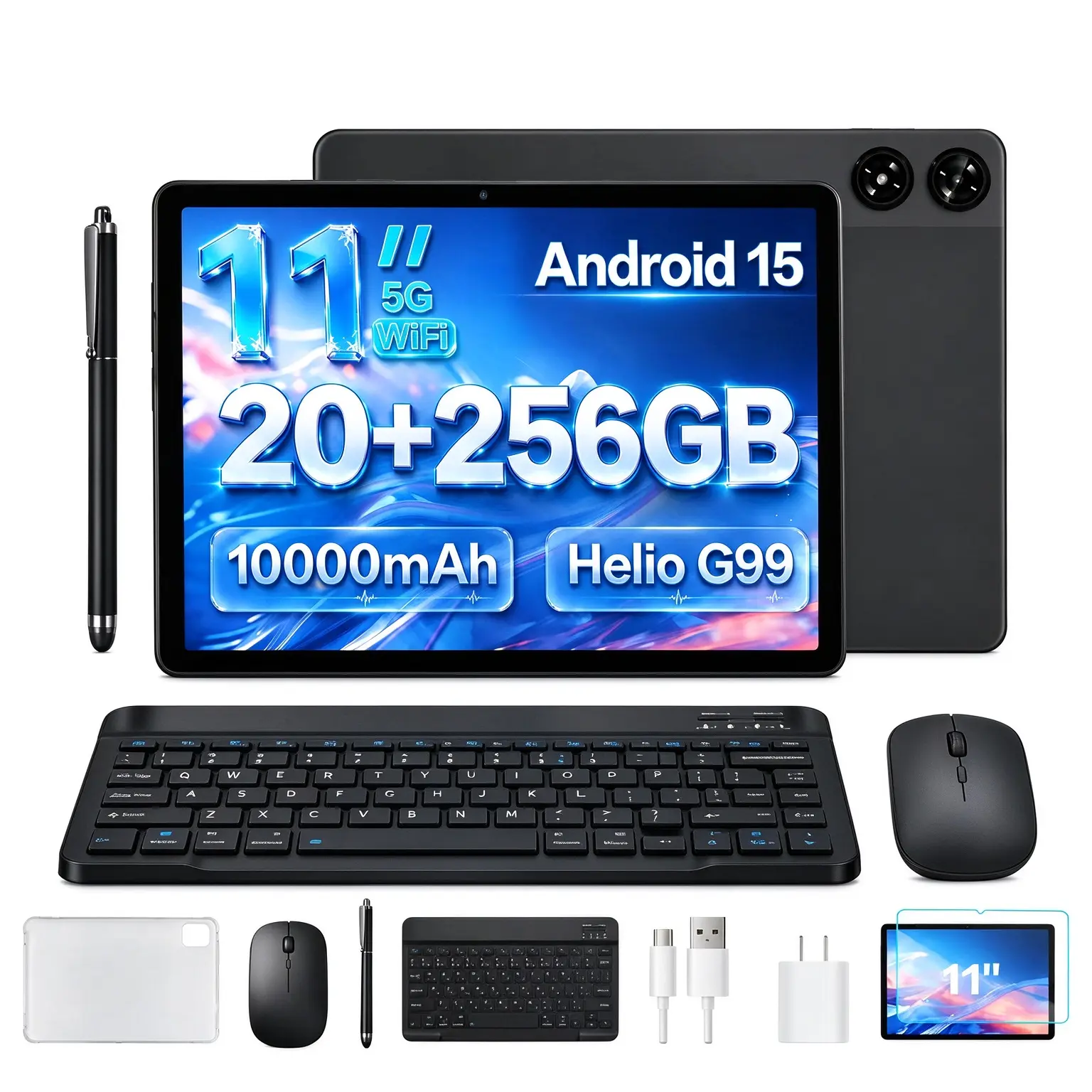 Touchscreen Android 15 Calling Tablet Bundle -11 In HD Display,20GB(8+12) RAM+256GB ROM (2TB Max Expandable), 10000mAh Battery, 5G WiFi, Tools and Gadgets, Cool Gadgets with Keyboard Support, Mouse, Case, Stylus Support, Dual Camera, Ideal for School Work
