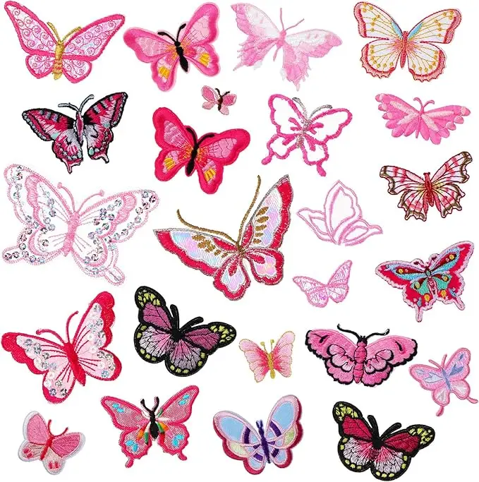 24 Pieces Iron on Butterfly Patches Pink Butterfly Applique Patches Embroidered Butterfly Sew on Patch Applique for DIY Accessory Clothes Jeans Hat Dress