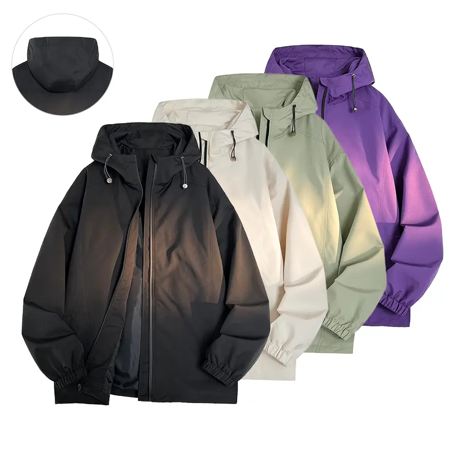 American sports-style hooded windbreaker, a basic design that fits most body types. The fabric is water-repellent and offers slight wind protection, durable and easy to care for. Hood with drawstring and adjustable hem for a snug fit and warmth retention.