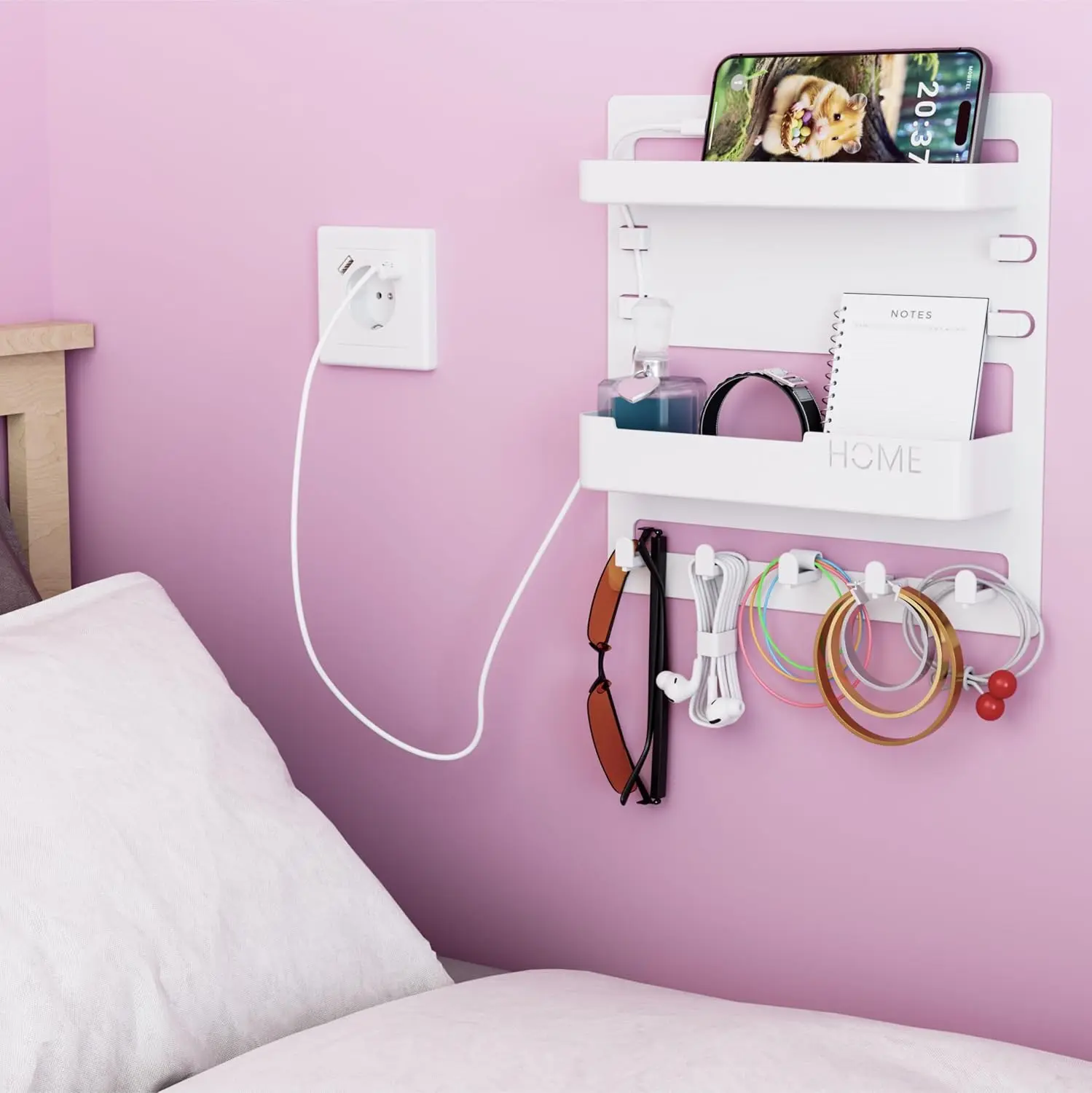 CHENYAOAI Self-Stick Wall-Mount Bedside Shelf Organizer, Floating Shelves for Renters/Dorms, Space-Saving Room Organization & Cute Girls’ Room Decor