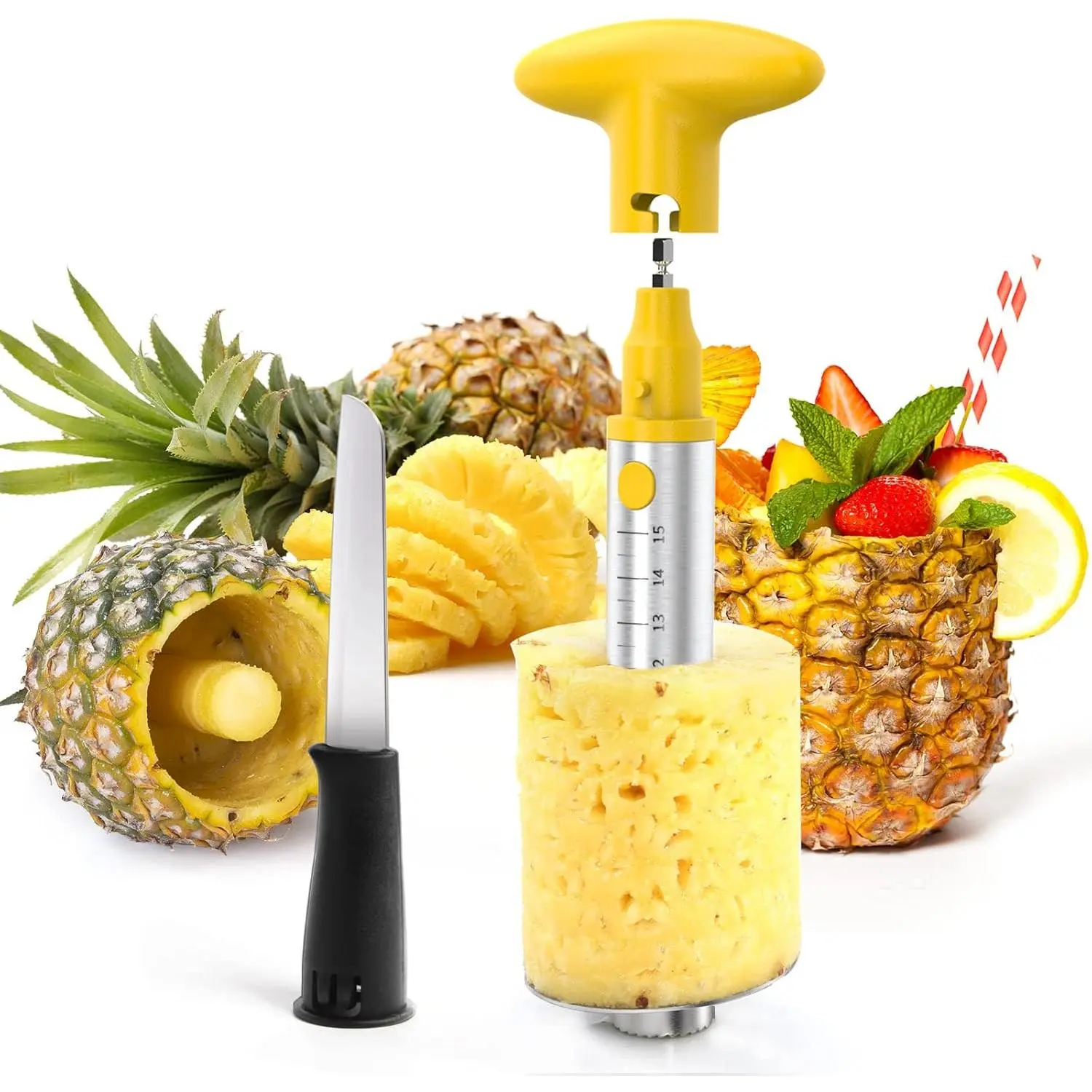 Pineapple Cutter with Knife, [Upgraded, Electric & Manual] Durable Pineapple Corer with Electric Drill Accessory, Stainless Steel Fruit Peeler Knife Pineapple Slicer Core Remover Kitchen Tool