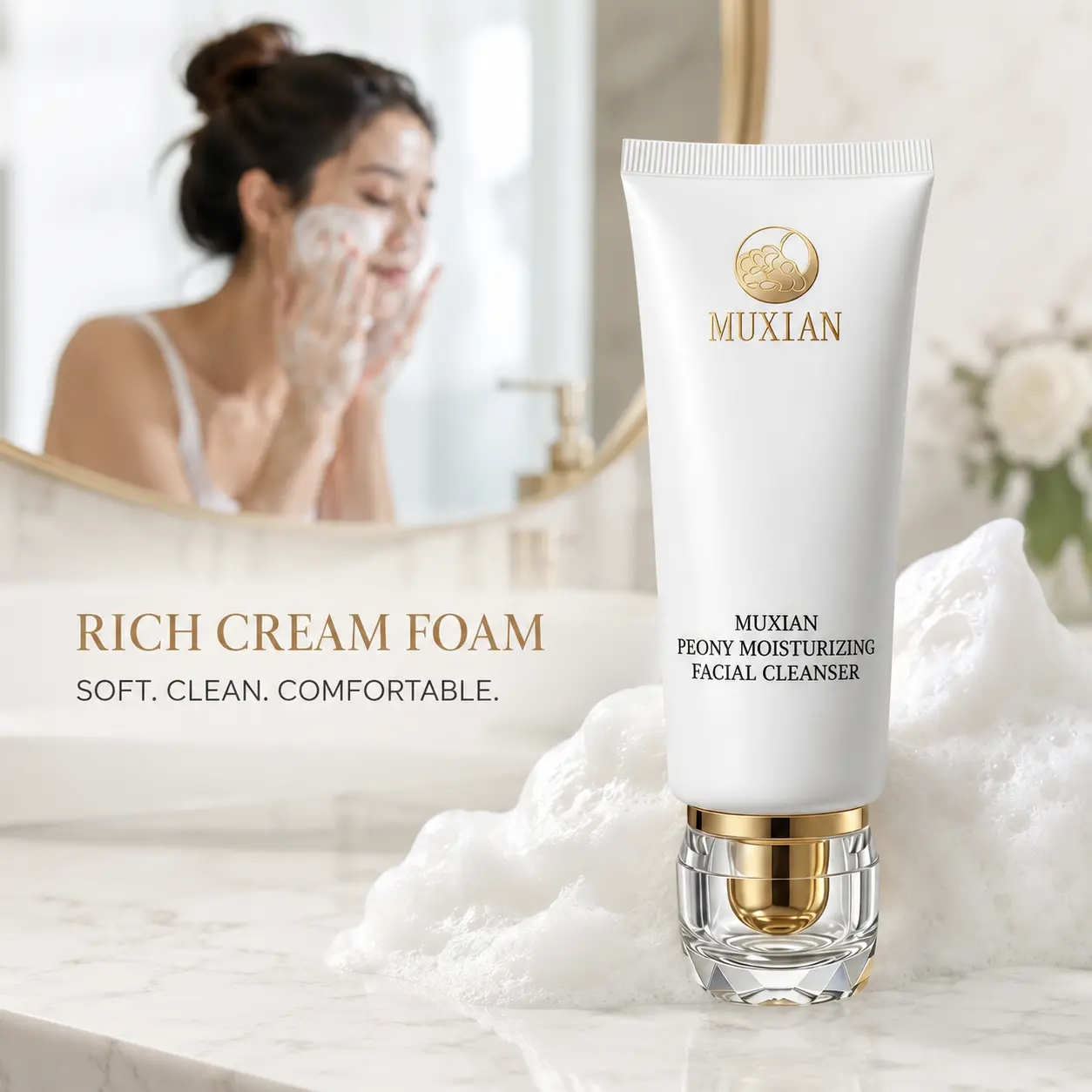 MUXIAN Peony Moisturizing Facial Cleanser, Rich Creamy Foam Daily Face Wash, Fresh & Comfortable Skin Feel, 100g Flower Foam Oat