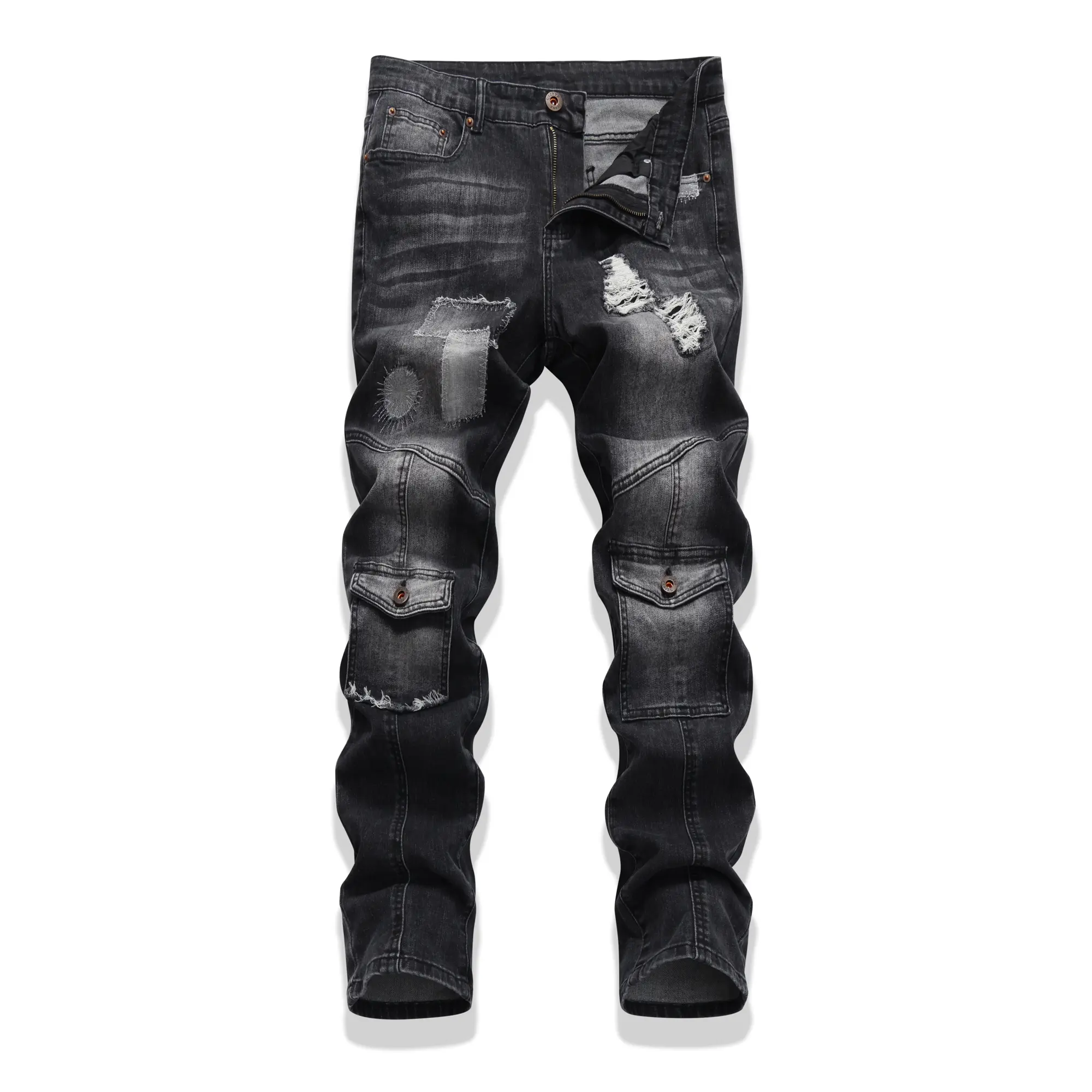 Streetwear motorcycle style men's jeans slim fit, men's carpenter jeans, pleated motorcycle denim pants with ripple and patch details, high-end washed black small straight leg men's style