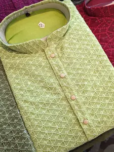 Mens Chikenkari Sequence 2pc Partywear Shaadiwear Dholkiwear Mehendiwear Green Shirt with Button Details Plain Design for Traditional Events
