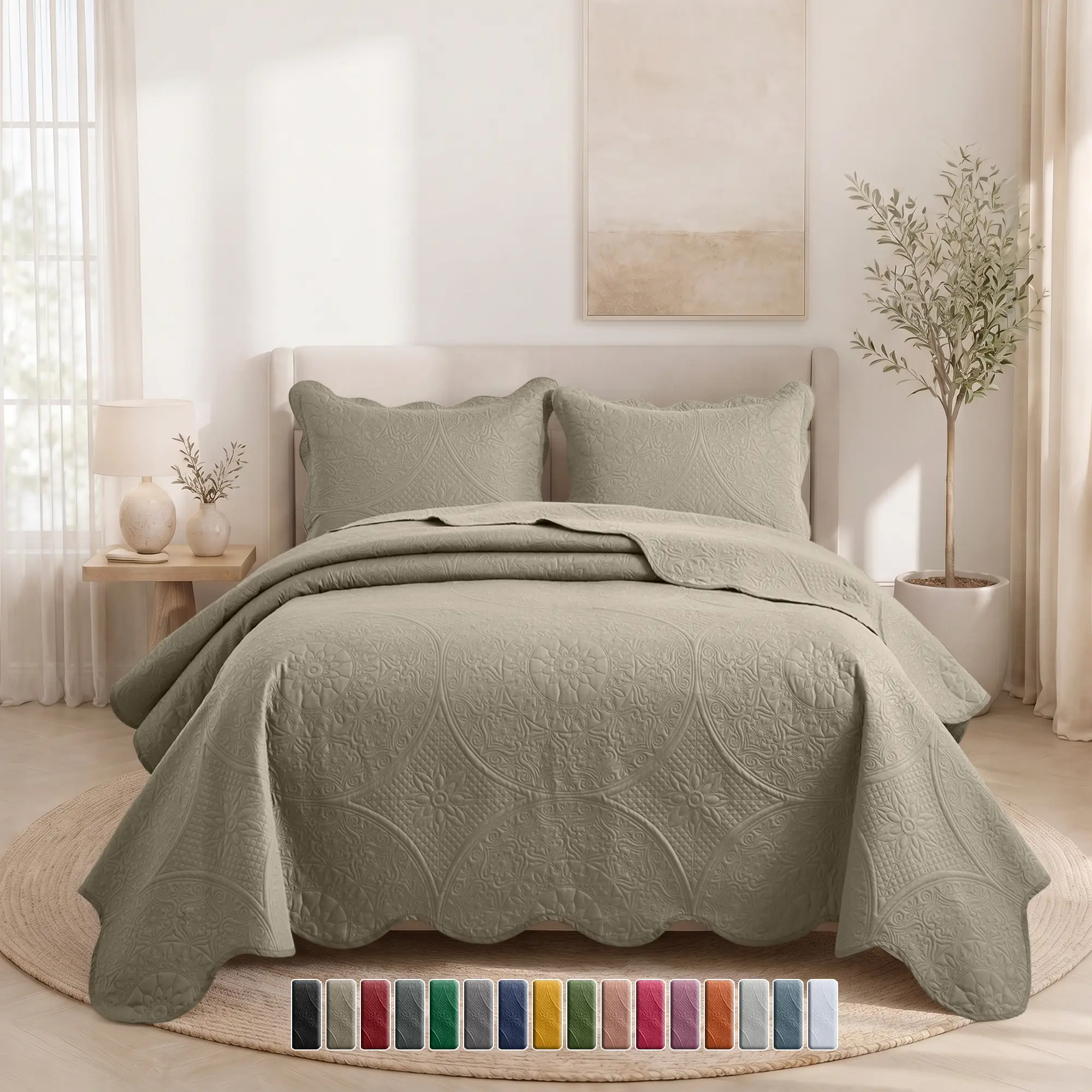 3-Piece Embossed Quilted Bedspread Set – Leaf / Floral Designs, Soft & Breathable Microfiber Coverlet with Sham Pillowcase, Lightweight & Comfy Bedding for Any Season-includes Twin(1 pillow sham), Queen, King, California King(2 pillow shams) sizes