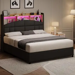 HOMBCK Bed Frame with Headboard, Velvet Upholstered Bed Frame with LED Lights, Platform Bed with Wooden Slats Support, No Box Spring Needed, No Noise