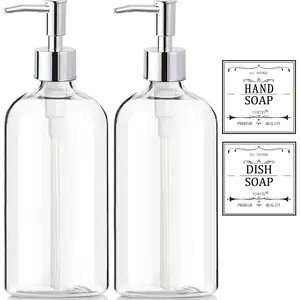 16 Oz Smooth Plastic Soap Dispenser Set (2 Pack) - Rust-Proof Press Pump, Leak-Proof, Waterproof Labels, Gift-Worthy Bottle for Kitchen, Bathroom
