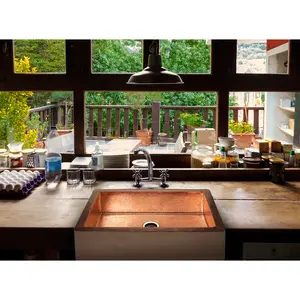 33" Farmhouse Single Well Plain Straight Apron Hammered Copper Kitchen Sink