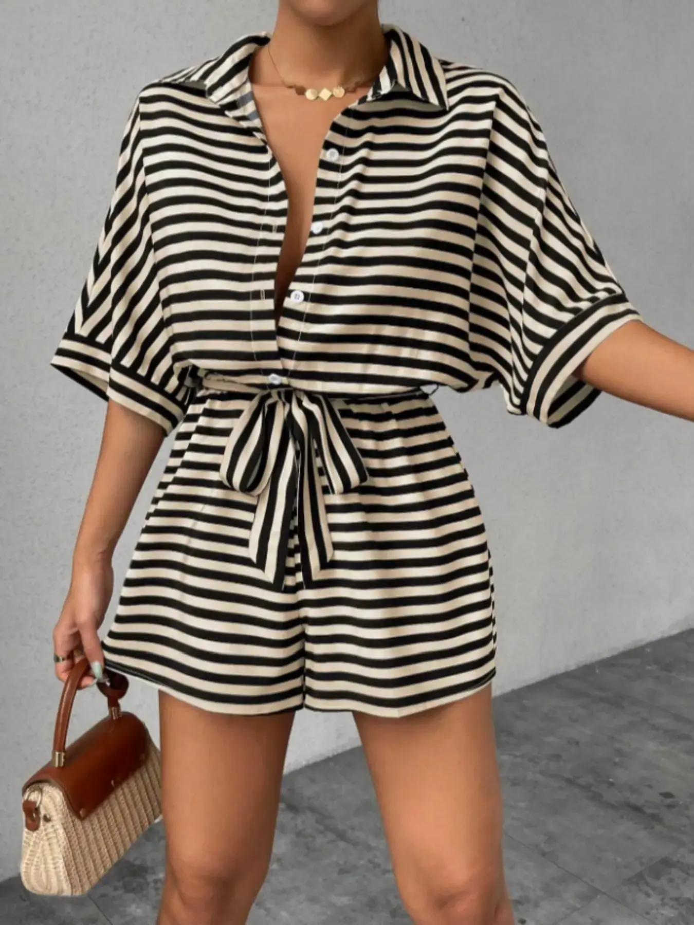French Striped Shirt Dress Shorts for Women, Womenswear, Turn-Down Collar Button Front Waist Tie Adjustable Loose Short Sleeve Casual Romper, Effortless Playsuit, Casual Summer Jumpsuits, Jumpsuit Rompers