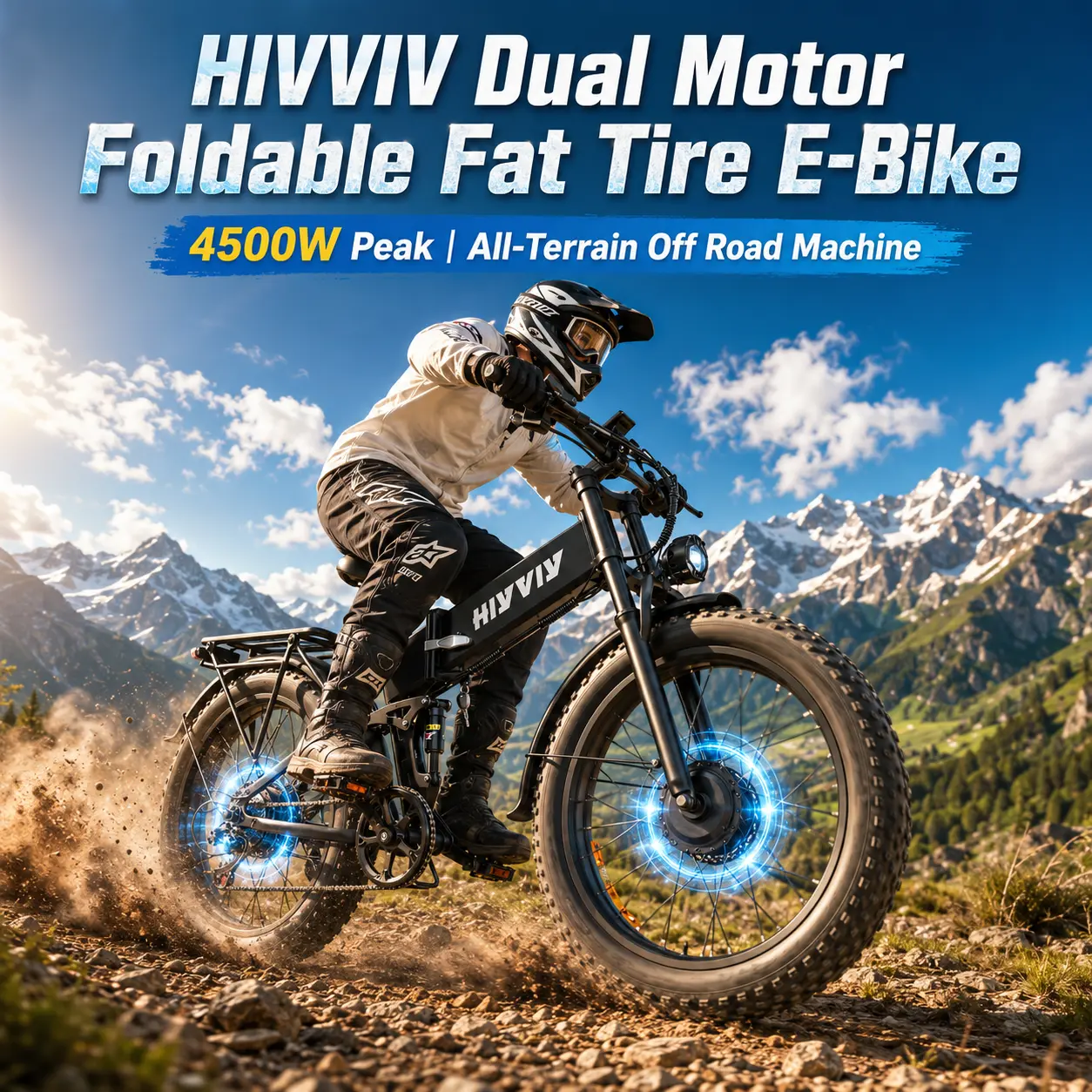 HIVVIV Adult Foldable Fat Tire E-Bike, 4500W Peak Dual Brushless Hub Motor, 48V21AH UL Removable Battery (80 Mi Range), Full Suspension, Dual Hydraulic Disc Brakes, 26×4.0 All-Terrain Design, 330LBS Max Load for Off-Road Commute & Snow Mountain Rides