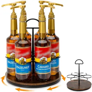 Rotating Coffee Syrup Organizer Holds 6 Bottles Wood Coffee Syrup Rack for Countertop Large Bottle Holder Stand for Bar Station Turntable Wine Display Tray Black 6 Bottles