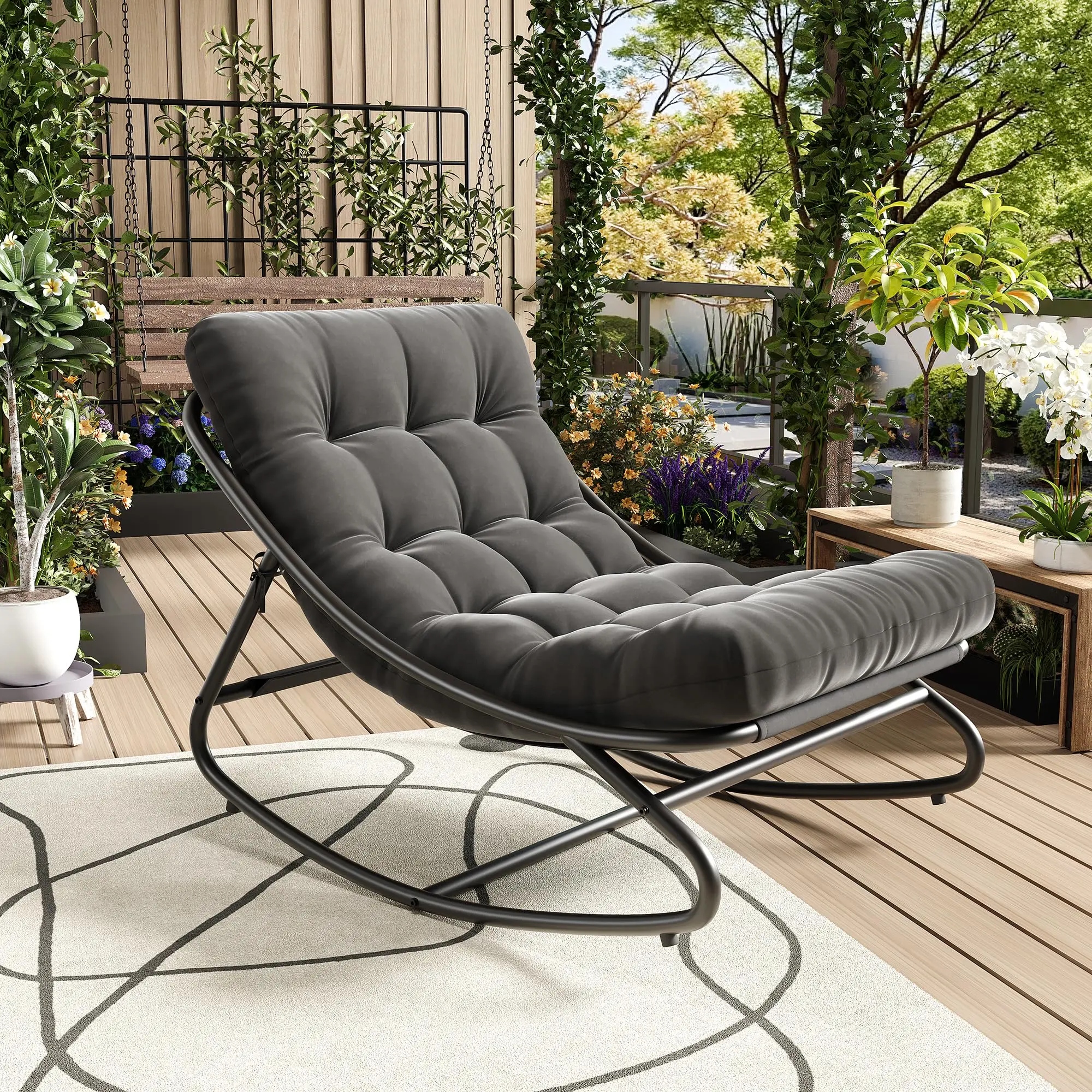 Papasan Rocking Chair, Indoor Outdoor Metal Patio Rocker with Comfy Cushion, 300+ lb Capacity, Waterproof Machine-Washable Cushion Cover, for Porch, Garden
