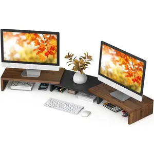 Dual Monitor Stand Riser, Computer Monitor Stands for 2 Monitors, Extra Long Multifunctional Desktop Organizer Riser for Computer, Laptop, PC, Printer, TV, Max 43.3" Length, Rustic Brown