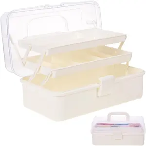 Plastic Tool Box with Handle 3-Layer Craft Organizers Tackle Box Multipurpose Portable Folding Toolbox for Sewing Supplies, , Art Supplies, Nails and Hair Accessories White 12.5inch