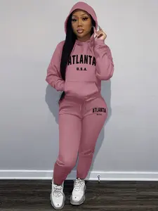 ATLANTA Letter Print Women's Casual Loose-Fitting Sweatshirt Set, Atlanta Letter Print Round Neck Long Sleeve Top + Drawstring Pants, Fall & Winter Wear