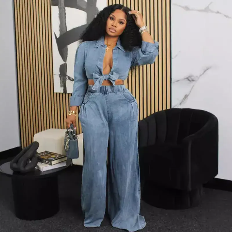 workout sets women Streetwear Loose Fit Matching Set Outfits for Women Two Piece Set Club Party Lace-up Shirt Top and Wide Leg Pants Set Elegance