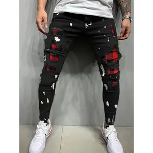 Men's Slim Fit Straight-Leg Jeans | Black Denim With Red & White Splatter Paint Design | Stretch Blend | Ripped Details | Mid-Rise Waist | Built-In Zipper Closure | Casual Streetwear Style | All-Season Wear