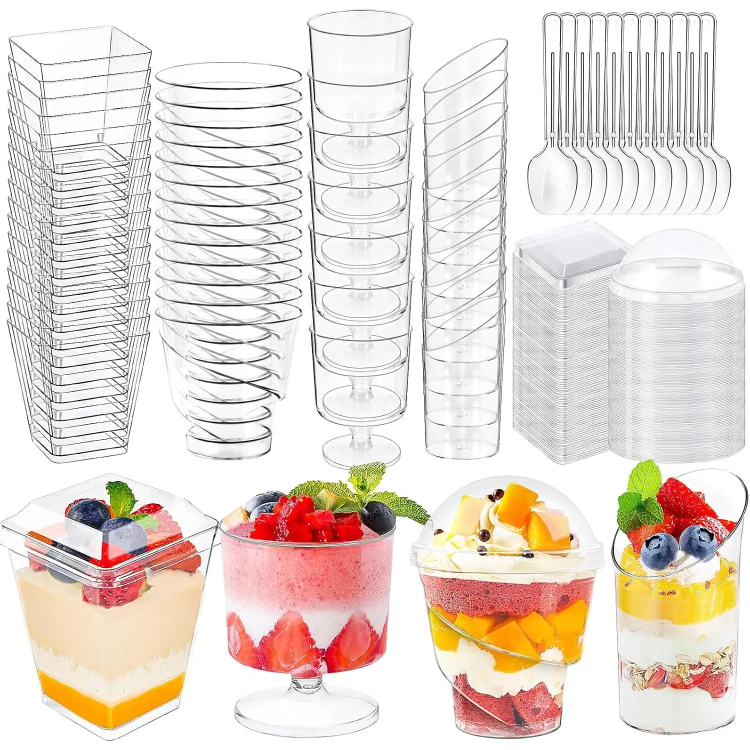 Disposable Plastic Mini Dessert Cups Bulk Pack (380 Pack) with Spoons & Lids - 3oz & 5oz Round Cups for Party Parfait, Yogurt, Fruit Ice Cream Cake Pudding