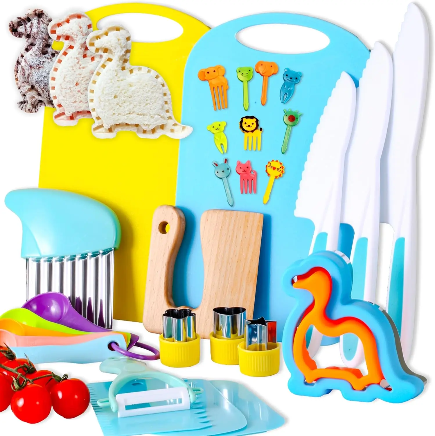 29 Pieces Toddler Knife Set, Kids Knives for Real Cooking, Kids Cooking Sets Real-Montessori Kitchen Tools with Cutting Board Crinkle Cutters Kid Safe Knives