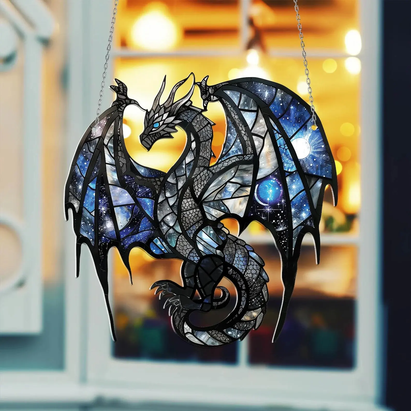 Colorful Rainbow Dragon Stained Glass Suncatcher Window Hanging – Fantasy Sun Catcher Home Decor Gift