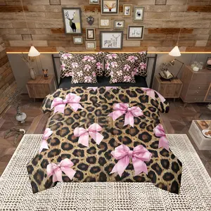 Girls Pink Bow Comforter Set,7 PCS,Rustic Leopard Print Bed Setsafari Animals Skin Bedding Bed in a Bag Soft,(1 Comforter,2 Pillowcase,2 Pillow Covers,1 Flat Sheet,1 Fitted Sheet)