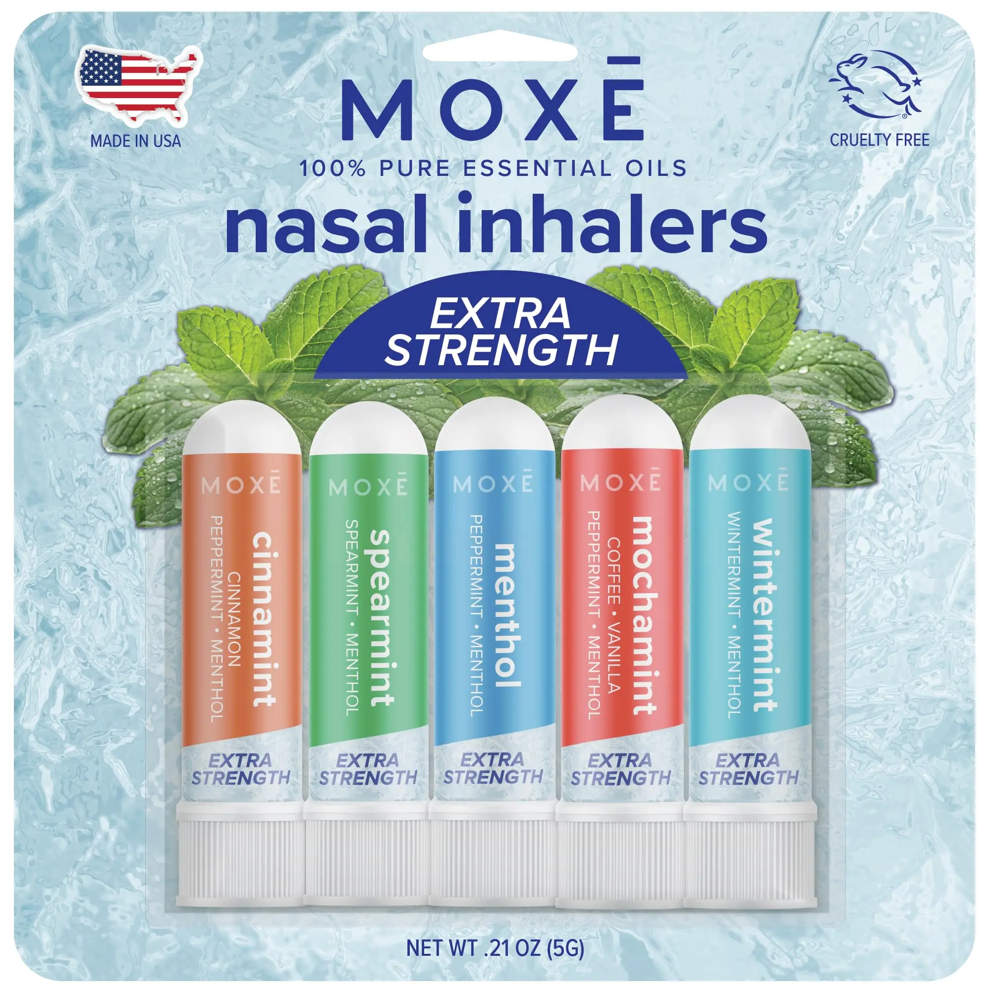 MOXE Extra Strength Nasal Inhaler Variety Pack | 5 Powerful Aromatherapy Blends for Sinus Relief, Clarity & Refreshing Energy | Spearmint, Cinnamint, Menthol, Peppermint Mocha & Wintermint