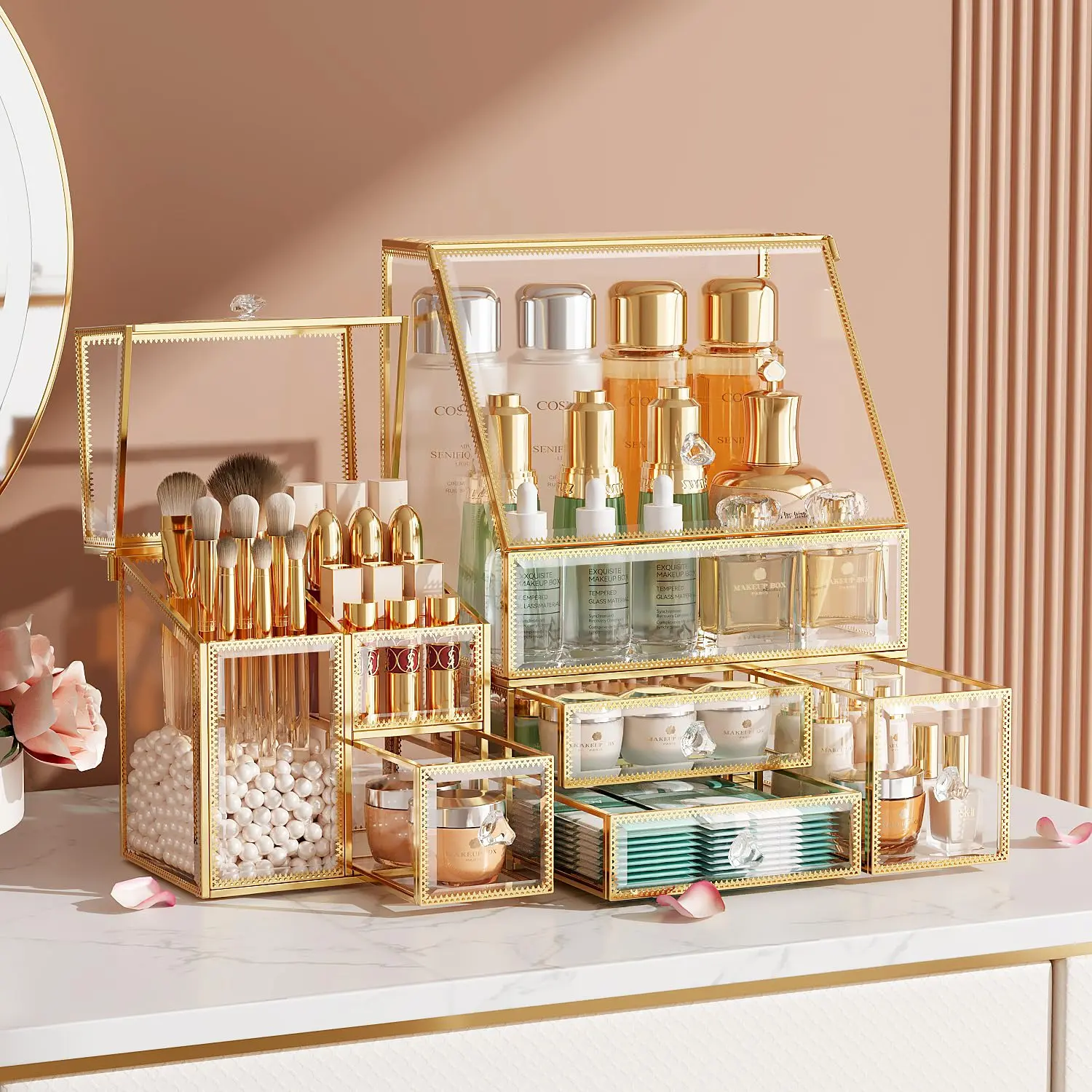 Clear Makeup Organizer with  Frame - Countertop Vanity Organizer for Skincare, Lipsticks, Perfume & Brushes - Bathroom  Storage Display Box