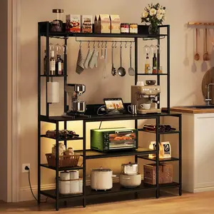 Large Bakers Rack with LED Lights & Power Outlet, 55" Wide Microwave Stand with Storage Shelves, 6-Tier Kitchen Racks and Shelves, Wine Glass Holder, 11 Hooks with App Control