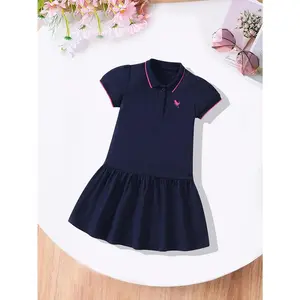 Girls Preppy Dress Short Sleeve Dinosaur Pattern Contrast Color Ruffle Uniform Dress for 2-7Y