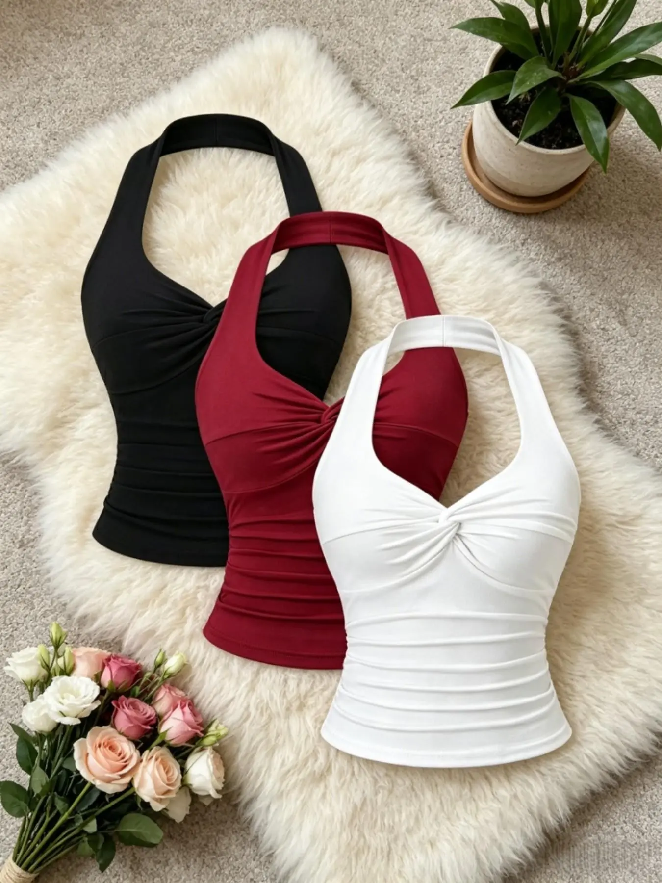 Women's Summer Slim-Fit Three-Piece Set, Halter Neck Sleeveless Casual Lady Top with Twist Design, Waist-Curling Wrinkled Blouse Womenswear Casual Beach Tank