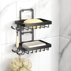 Double Soap Bar Holder for Shower, No Drilling, 304 Stainless Steel, Wall Mounted Soap Holder with 4 Hooks and Razor Holder, Shower Rack Soap Tray Bar Soap for Bathroom Accessories Organizer