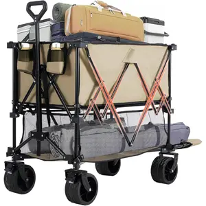 440lbs Capacity Double-Decker Folding Wagon Cart, Heavy Duty Collapsible Utility Wagon with 320L Large Storage, Adjustable Handle & Brakes, Compact Fold to 9.45" with Carrying Handle for Beach Camping Grocery