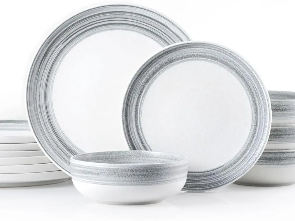 KINGSTONE Stoneware Dinnerware Set, Hand-Painted Reactive Glaze Plates and Bowls with Matte Frosted Finish, Raised Edges for Spill Control, Scratch-Resistant, Microwave and Dishwasher Safe