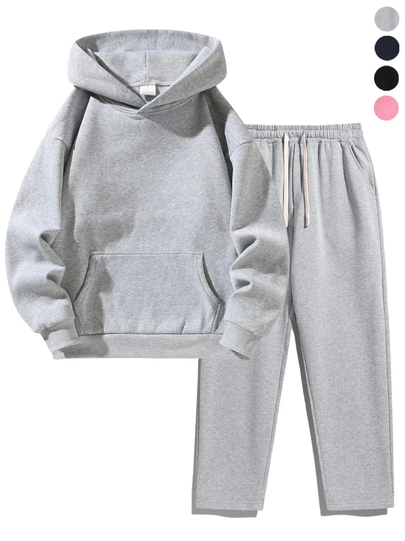 Men's Plain Two-Piece Sweatsuit Set, Fitted Casual Hoodie & Drawstring Pants, Thick Fabric for Fall Winter, Daily Wear Essentials。